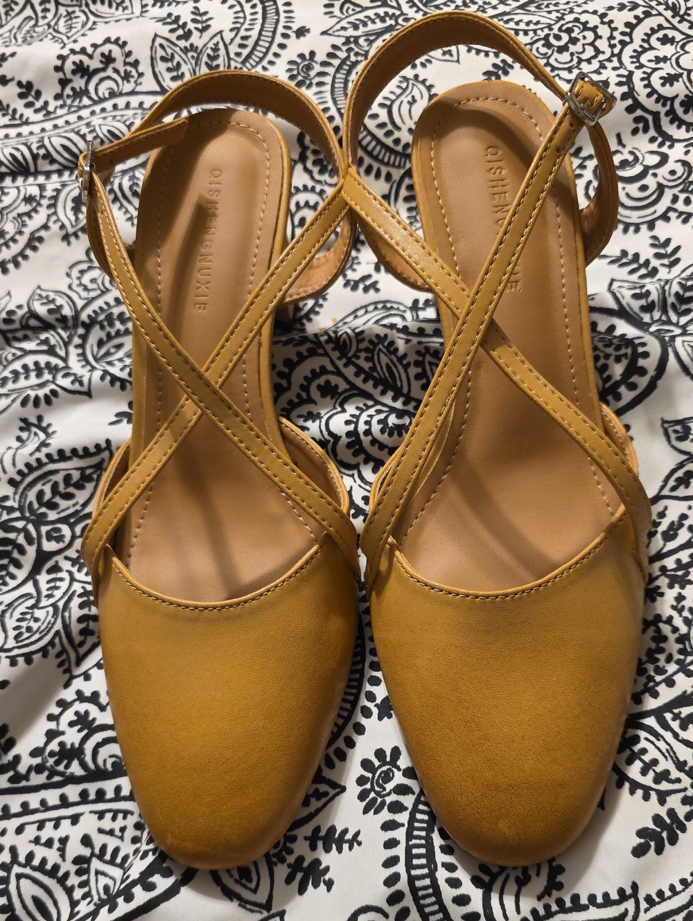 Qishengniuxie Mustard Yellow Crisscross Slingback Flats Womens Size 37 New - Picture 3 of 6